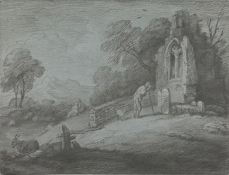 Paysage boisé avec paysan lisant une pierre tombale, amoureux rustiques et église en ruine