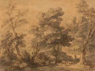 Paysage boisé avec berger et moutons
