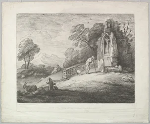 Paysage boisé avec un paysan lisant une pierre tombale, des amoureux rustiques et une ruine