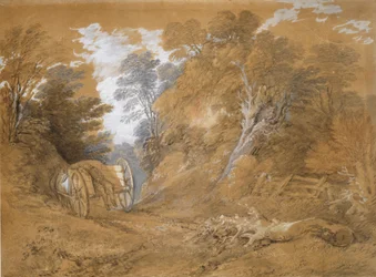 Paysage boisé avec un garçon paysan endormi dans une charrette, XVIIIe siècle