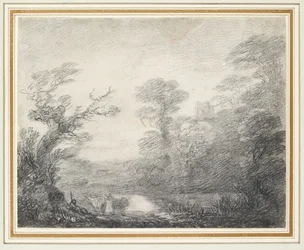 Paysage boisé avec berger, vaches et clocher
