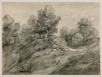 Paysage boisé de hautes terres avec berger, moutons et chemin de campagne contournant une colline