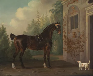 Cheval de carrosse bai foncé de Lord Abergavenny avec un terrier