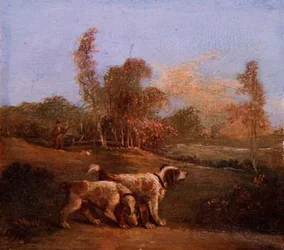 Épagneuls dans un paysage avec gardien