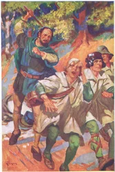Il conduit les trois devant lui, leurs cris de rage et de douleur sont noyés dans ses éclats de rire (lithographie couleur).