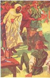 Il retroussa sa manche et, levant le bras, frappa le hors-la-loi en pleine poitrine (lithographie en couleur).