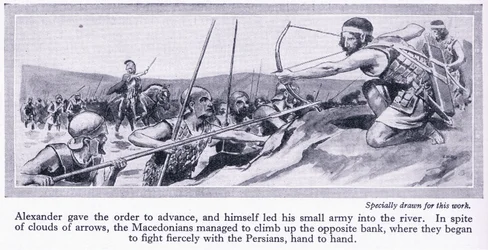 Comment Alexandre a conquis son empire : Darius, roi de Perse, a rassemblé une grande armée qui a été vaincue par les Macédoniens en 334 avant J.-C., vers 1950 (lithographie).