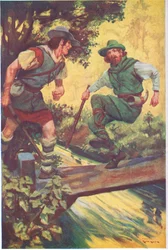 Dans un moment de malchance, il a glissé sur les planches de bois (lithographie en couleur).