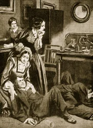 James Simpson et ses assistants découvrent le chloroforme, novembre 1847 (lithographie)