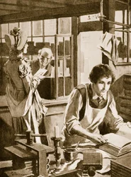 Michael Faraday, apprenti chez un libraire, lisant une encyclopédie (lithographie)