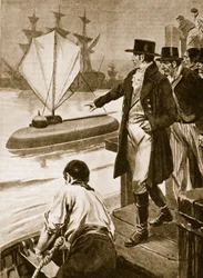 Robert Fulton en France montrant son sous-marin "Nautilus" en fonctionnement (litho)