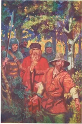 Le shérif et sa compagnie restent près des talons de Robin (lithographie couleur)