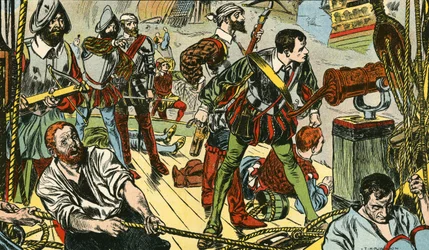 Le petit "Revenge" combat cinquante galions espagnols (lithographie couleur)