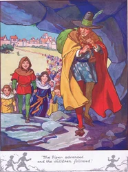 Le joueur de cornemuse avance et les enfants suivent (lithographie couleur)