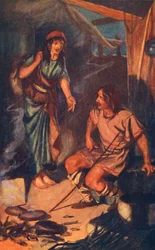 "Lorsque la femme est revenue, elle a constaté que ses gâteaux étaient brûlés" (lithographie couleur)