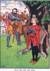 Le fils de Guillaume Tell et la pomme (lithographie couleur)