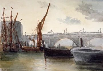 Vue du pont de Blackfriars, avec des bateaux au premier plan, Londres, vers 1835