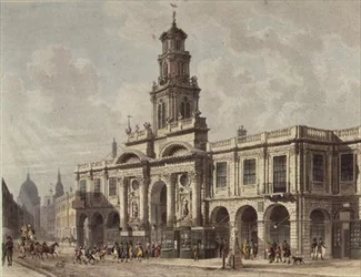 Vue de la Bourse Royale, Cornhill, gravée par Daniel Havell, publiée en 1816 par Ackermann