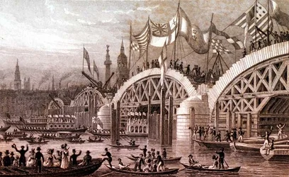 Nouveau pont de Londres avec le cortège du Lord Maire passant sous les arches inachevées, gravé par Thomas Higham (1796-1844) pub. par Jones & Co. novembre 1828