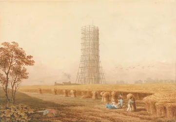Colonne de Bonaparte en échafaudage à Boulogne, France, avec des moissonneurs dans un champ