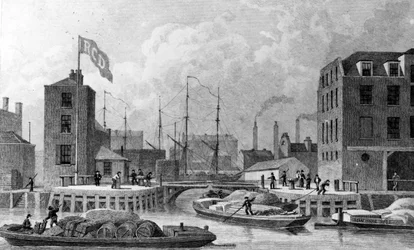 Entrée du canal du Régent, Limehouse, gravé par F. J. Havell