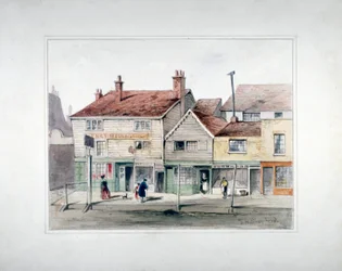 The Hare and Hounds Inn et devantures de magasins sur Upper Street, Islington, Londres, vers 1835