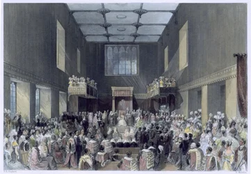 La Chambre des Lords, Sa Majesté ouvrant la session du Parlement, gravée par Henry Melville, vers 1840