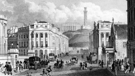 Waterloo Place, Les monuments nationaux et de Nelson et Calton Hill, Édimbourg, gravé par Thomas Barber, 1829