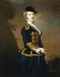 Portrait de Nancy Fortescue, portant une habit de cheval bleu foncé avec des ornements en or et une casquette