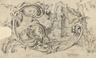 Conception pour une tablette de cheminée avec deux cygnes en combat, Enfermée dans un rouleau..., 1762