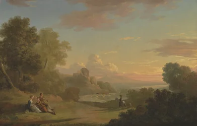 Paysage imaginaire avec un voyageur et des figures surplombant la baie de Baiae
