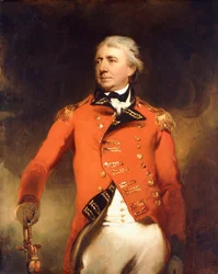 Portrait du général James Stuart debout en trois-quarts, portant un uniforme rouge avec des galons dorés
