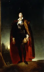 Portrait de John Kemble en Hamlet, debout en pied dans un paysage, portant une cape et tenant un crâne