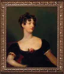Portrait de Lady Beresford, assise, à mi-corps dans une robe noire ornée d