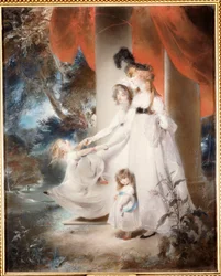 Portrait de Mme Ayscoghe Boucherett avec ses deux enfants aînés, Emilia et Ayscoghe, et sa demi-sœur Juliana Angerstein, plus tard Madame Sabloukoff, dans un jardin