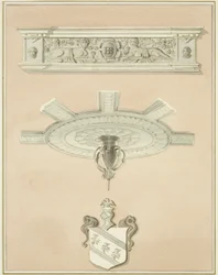 Détails de la salle de la bibliothèque de droit, y compris le pendentif central du plafond et la corniche