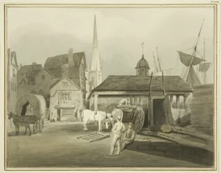 Extrémité nord-est de King Street, montrant le marché gallois en 1802