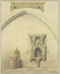 Piscine, frise et écoinçons dans la cour du 131 Temple Street