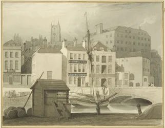 Le pont de pierre à la tête du quai (Saint-Gilles), avec la maison de sucre de Host Street