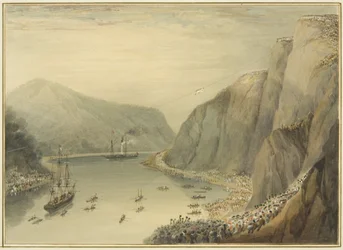 Vue entre les rochers de St Vincent, montrant M. Courtney prenant son vol terrifiant