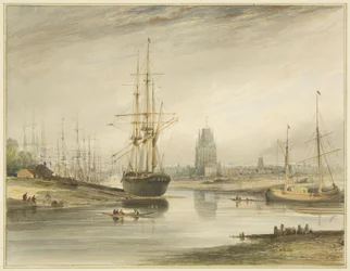 Vue remontant la rivière, prise en dessous de Rope Walk et Wapping, vers 1804