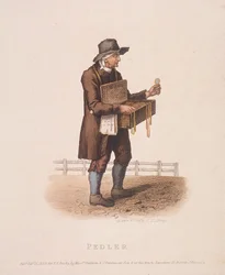 Colporteur avec sa boîte de marchandises autour du cou