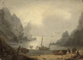 Une crique du Devonshire avec des pêcheurs déchargeant leur prise sur le rivage, c.1804