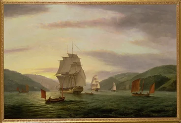 Une frégate, un lougre et un navire marchand dans le port de Dartmouth, 1808