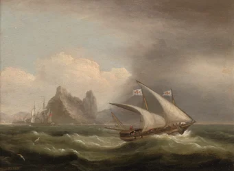 Un xebec armé en Méditerranée, une frégate britannique à son arrière et passant devant une côte rocheuse