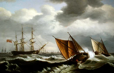 Bateaux côtiers néerlandais avec une frégate anglaise au mouillage dans une tempête au large de Harwich
