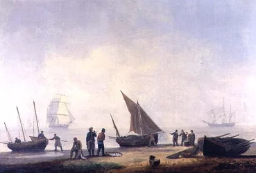 Pêcheurs sur une plage, avec des navires au large