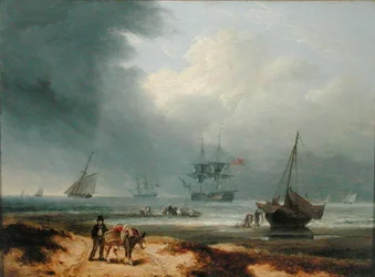 Navires dans une Baie Venteuse avec des Hommes Travaillant sur le Rivage