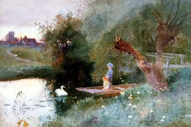 Enfants dans une Barque au Soir