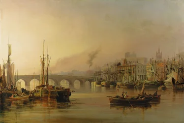 Vue de Newcastle depuis la rivière Tyne, avec des navires au premier plan, 1831
